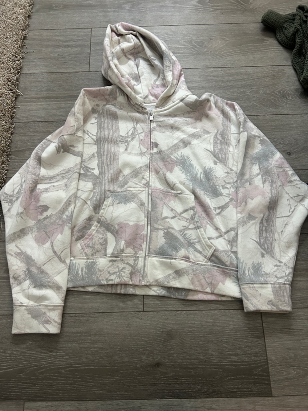 Hollister White Zip Hoodie with Soft Pink & Gray Camouflage Print